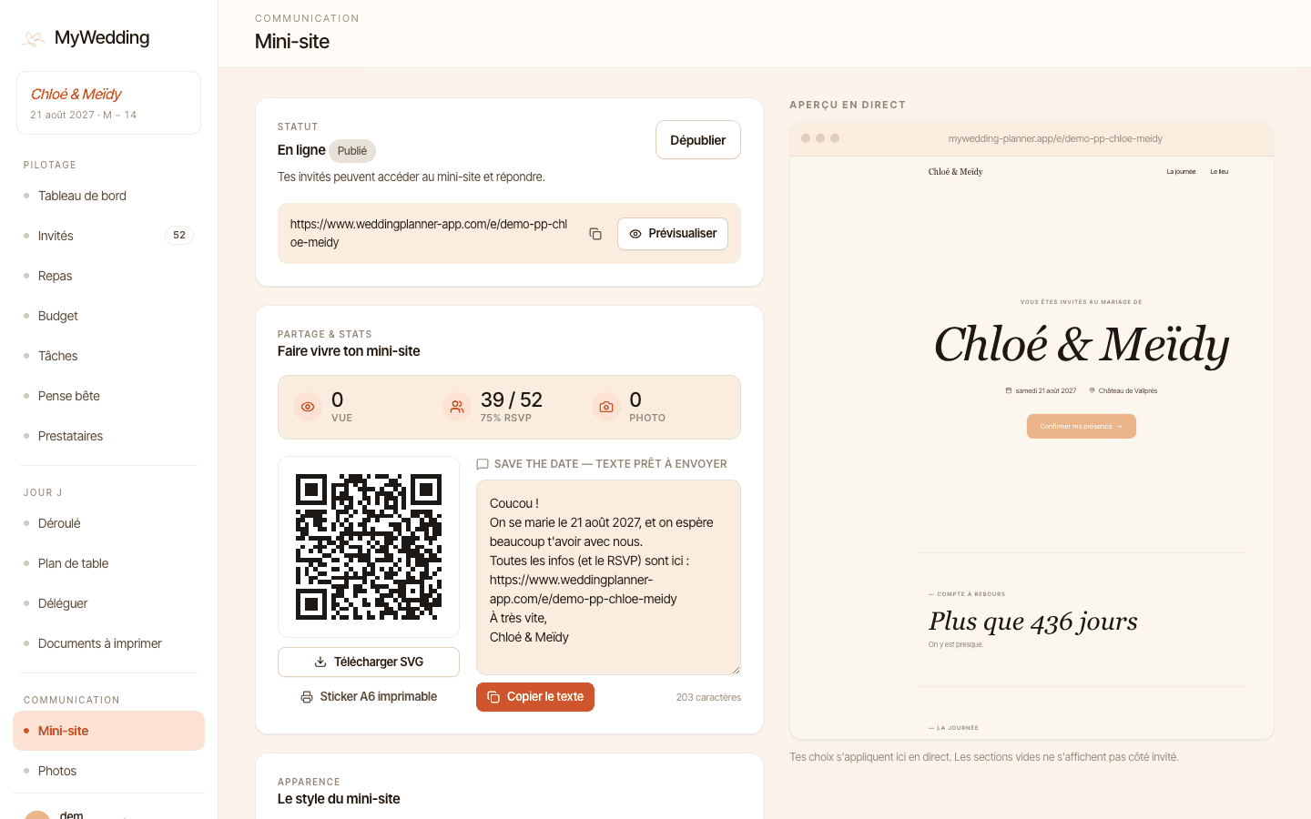Mini-site de mariage pour les invités