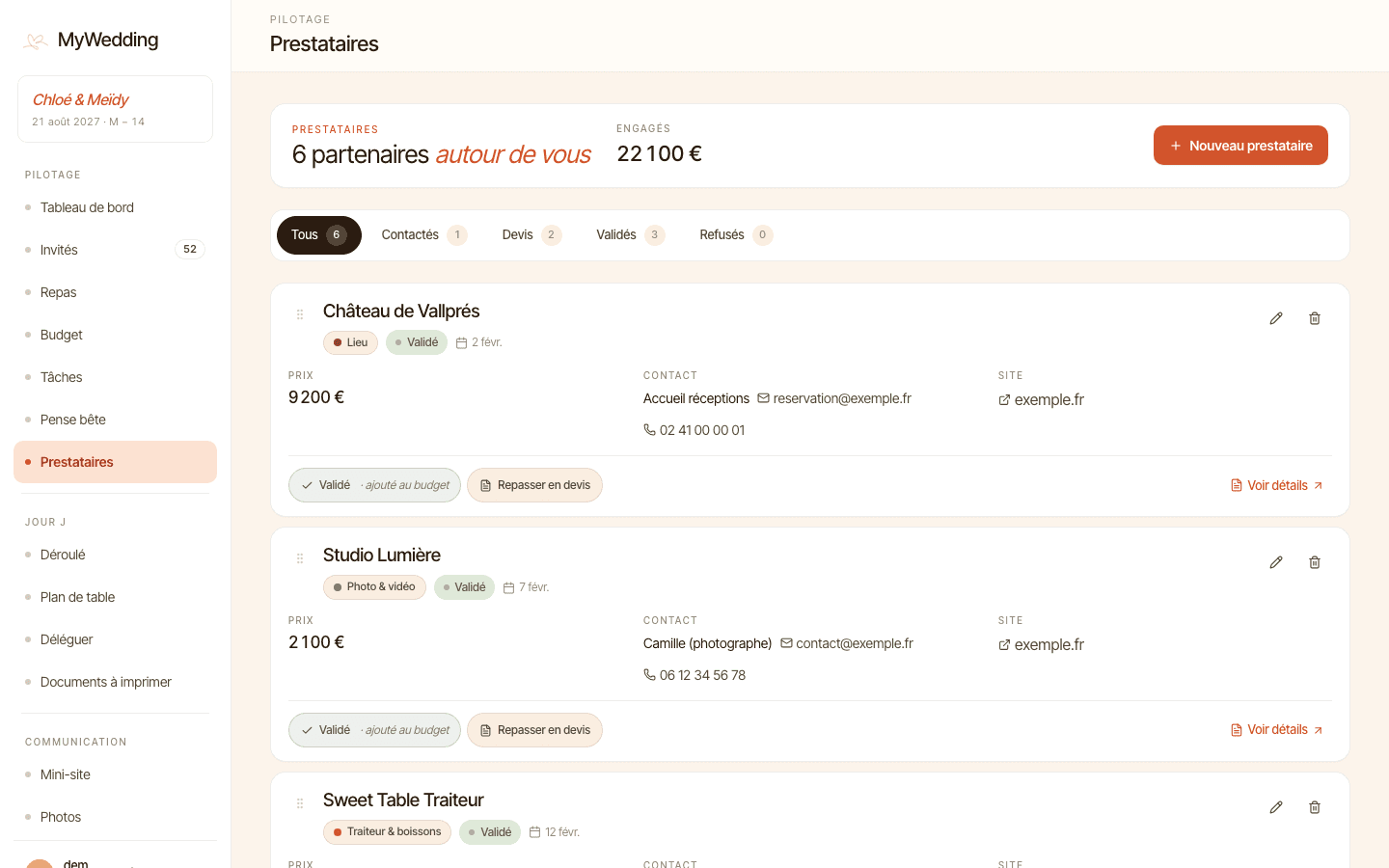 Suivi des prestataires de mariage avec statut et acomptes